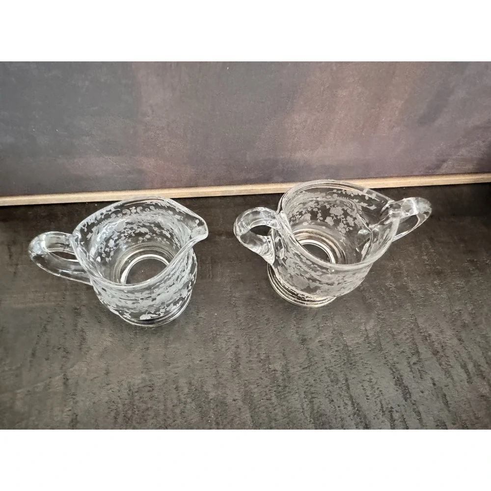 Vtg 1930's Cambridge Chantilly Etched Glass/Sterling Silver Base Creamer & Sugar